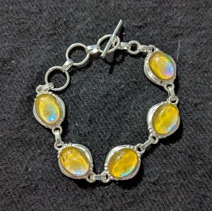 Silver Plated Yellow Australian Triplet Opal Oval Statement Bracelet